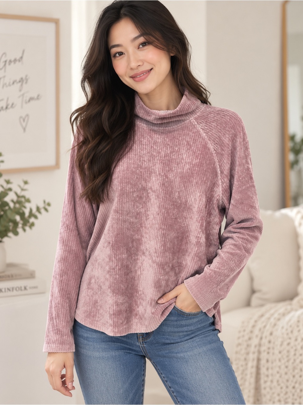 Berkeley Jensen - Soft Ribbed Turtleneck Pullover Sweater - Dusty Rose